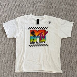 MTV White Tee with Rainbow Gradient Logo and Palm Trees